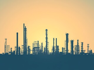 Fototapeta premium Silhouette of industrial structures against a sunset backdrop.