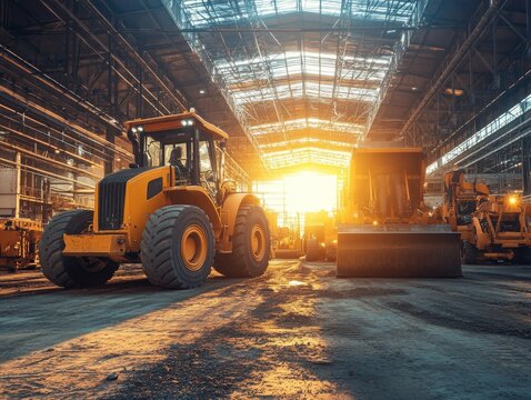 Industrial scene with heavy machinery illuminated by sunset.