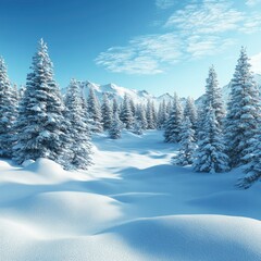 Serene Winter Wonderland Snow-Covered Forest and Majestic Mountains