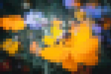 A pixelated image of a yellow flame with a blue background. The image has a dreamy, surreal quality to it