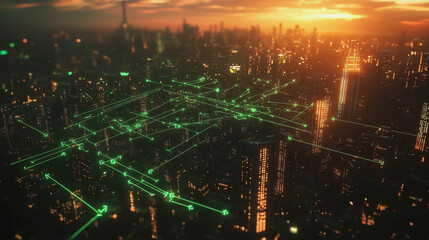 Fototapeta premium Smart Innovation city with connection cyber security network reciprocity over the sunset cityscape future wireless digital city and social media networking systems that connects people in the city