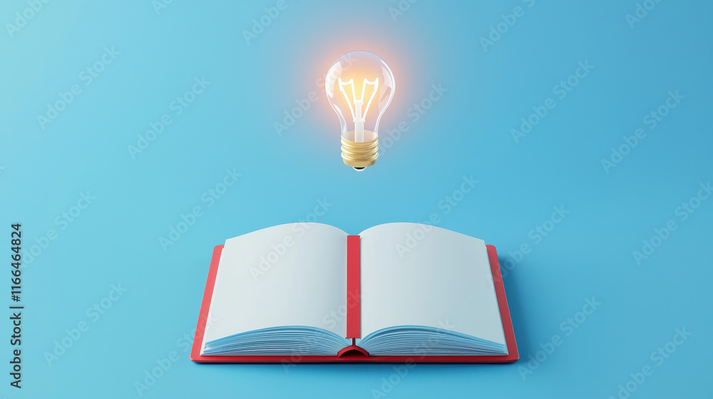 Poster open notebook with blank pages and light bulb above