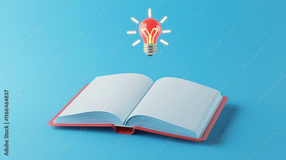 Poster open notebook with blank pages and light bulb above