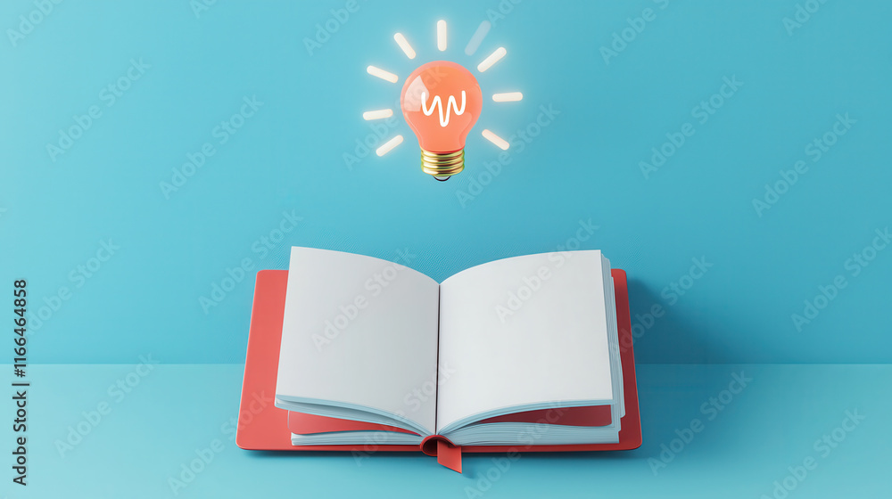 Poster open notebook with blank pages and light bulb above