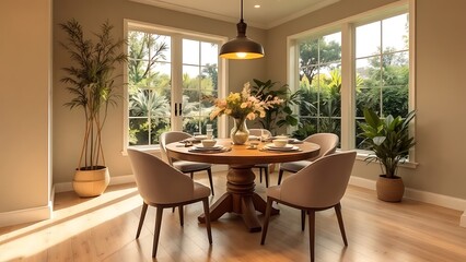 Stock photo features a modern apartment with a dining room furnished with a table and chairs, as well as an empty living room with a beige wall, creating a panoramic view of interior design