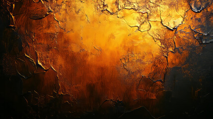 highly textured impasto style orange and black abstract oil painting with crackled paint effect and dark gold accents on canvas featuring dramatic fiery autumnal color palette