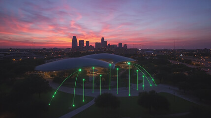 Obraz premium Smart Innovation city with connection cyber security network reciprocity over the sunset cityscape future wireless digital city and social media networking systems that connects people in the city