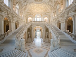 Obraz premium A grand staircase in an ornate, elegantly designed hall with intricate architectural details.
