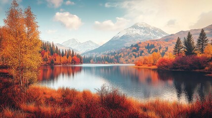 Fototapeta premium Scenic Autumn Lake Mountain Reflection Fall Colors Nature
