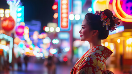 Obraz premium ラスベガスのネオン街と着物姿の日本人女性のポートレート