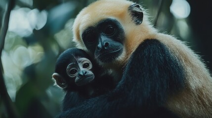 Fototapeta premium close image of Yellow Cheeked Gibbon monkey (Nomascus Gabriallae) mother with child in the forest 