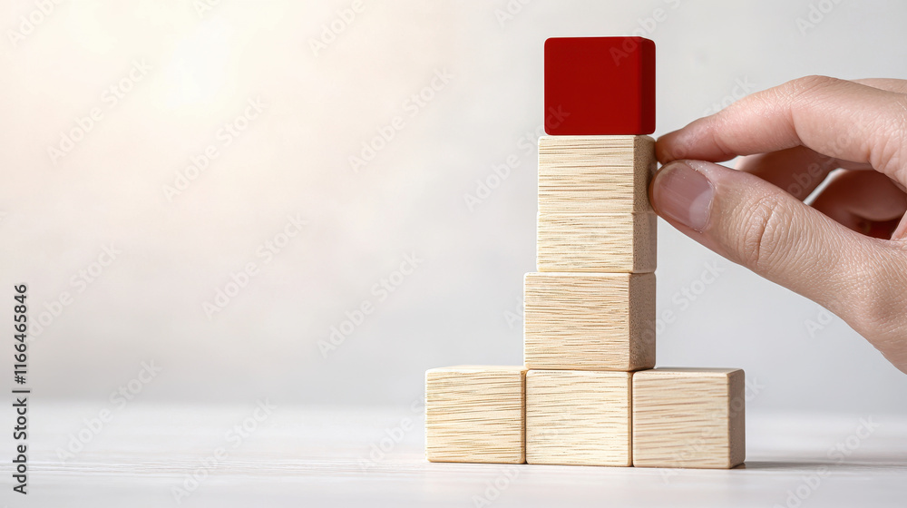 Poster building wooden block tower with red cube on top
