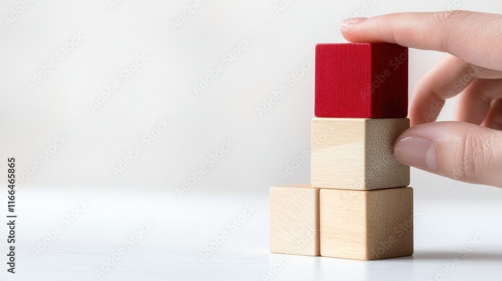 Poster building wooden cube blocks with red block on top