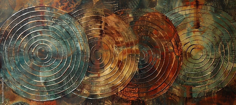 Poster abstract geometric design with circular rustic brown and green patterns creating a natural and moder