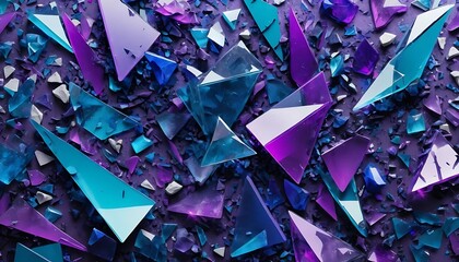 A chaotic abstract design with scattered shards of glass in vibrant purple and blue hues