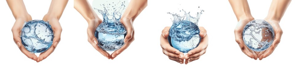 set of A hand holding a globe made of water, World Water Day, globe made of water, World Water Day, water globe in hand, symbol of World Water Day, on a transparent backgrounds