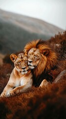 A tender moment between a lion and lioness in a serene natural setting.