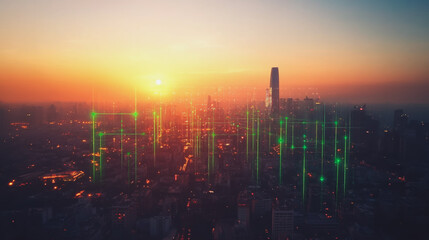 Smart Innovation city with connection cyber security network reciprocity over the sunset cityscape future wireless digital city and social media networking systems that connects people  in the city