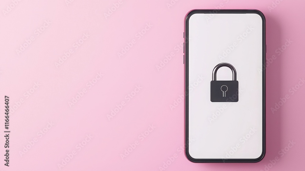 Poster register account and security concept. smartphone displaying a lock symbol on a pink background.