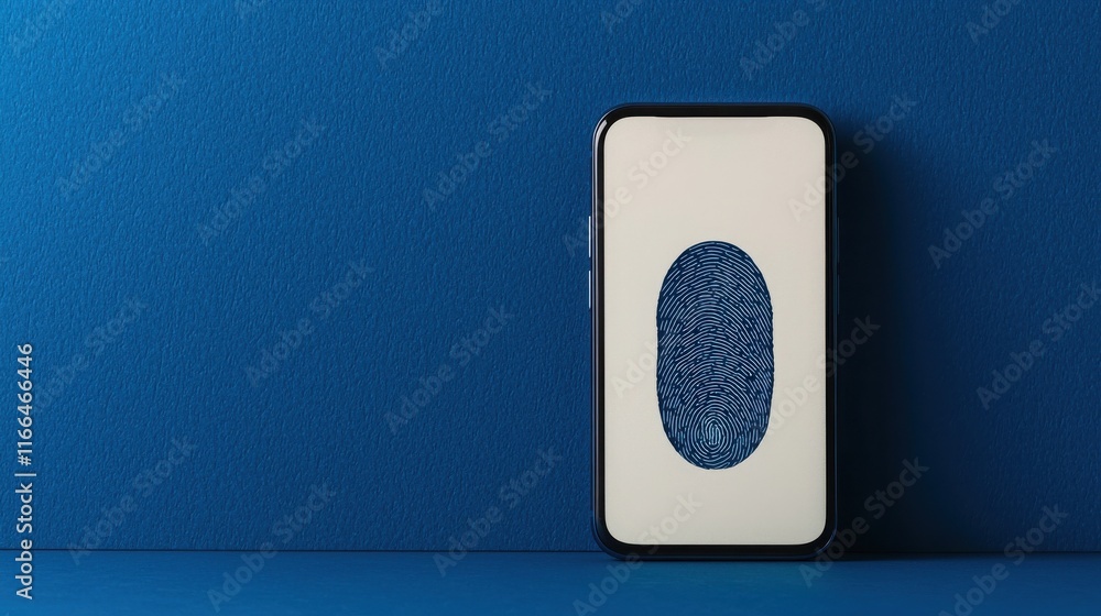 Aufkleber register account and security concept. smartphone displaying a blue fingerprint design on a textured
