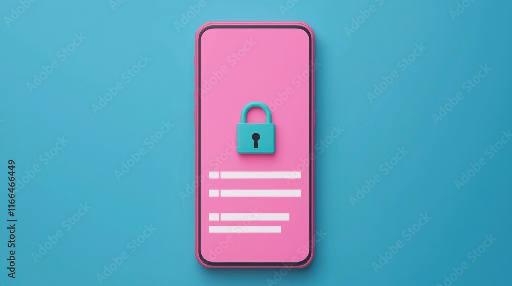 Poster register account and security concept. smartphone with lock icon on a colorful background.