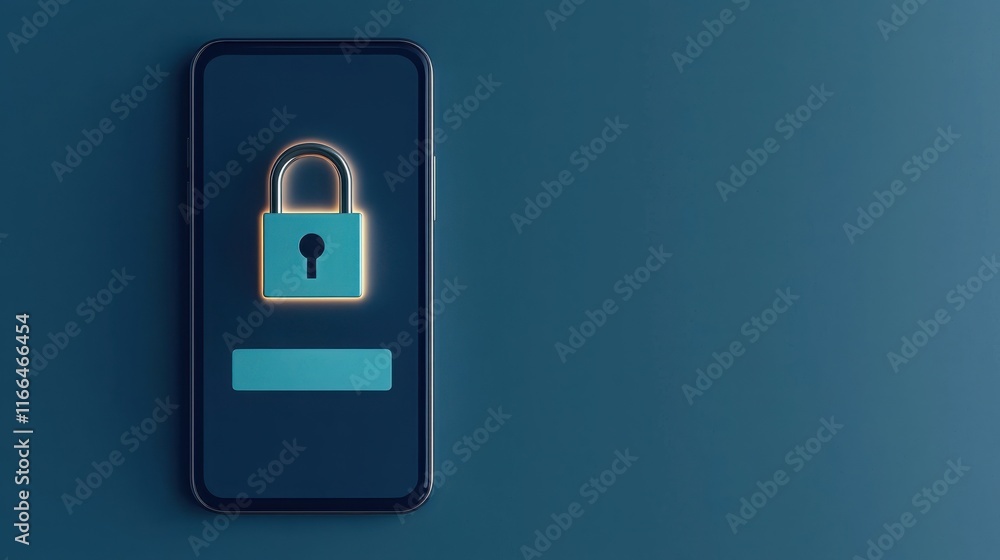 Poster register account and security concept. mobile phone with a padlock symbol depicting security and pri