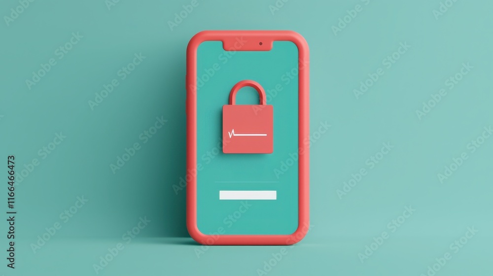 Poster register account and security concept. smartphone displaying a security lock on a turquoise backgrou