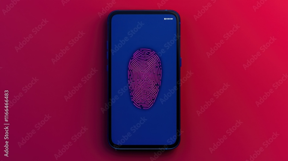 Poster register account and security concept. smartphone displaying a fingerprint pattern on a blue backgro