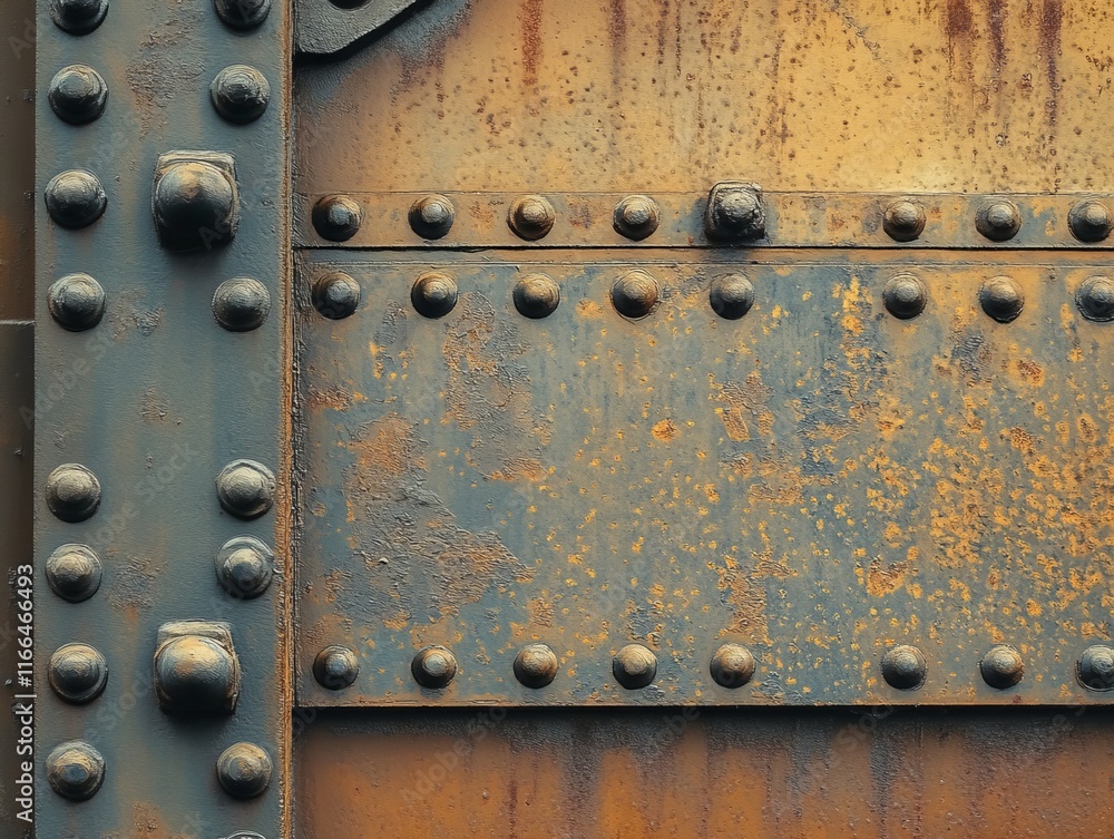 Poster close-up of a rusty metal surface with rivets and a weathered texture.