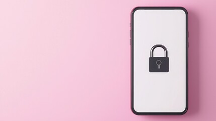 Register account and security concept. Smartphone displaying a lock symbol on a pink background.