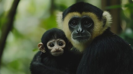 Obraz premium close image of Yellow Cheeked Gibbon monkey (Nomascus Gabriallae) mother with child in the forest 