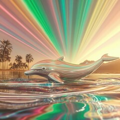 Surreal dolphin emitting colorful smoke, tropical sunset, glowing ocean, psychedelic waves, dreamy vaporwave style.