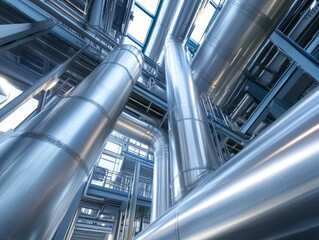 A view of metallic industrial pipes and structures in an engineering facility.