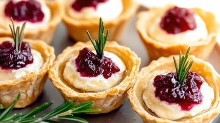 Brie tartlets platter: Golden flaky crust, cranberry sauce topping. Appetizer ideas, entertaining snacks, festive gatherings.