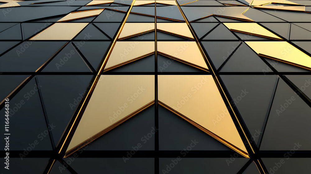 Poster abstract geometric pattern of gold and black triangular shapes, creating a modern and luxurious desi