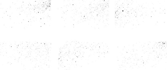 Set of different distressed black grain texture. Distress overlay vector textures. Vector collection urban grunge overlay. Paint texture with spray effect and drop ink splashes. 