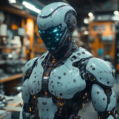 Futuristic robot with glowing eyes in a workshop.