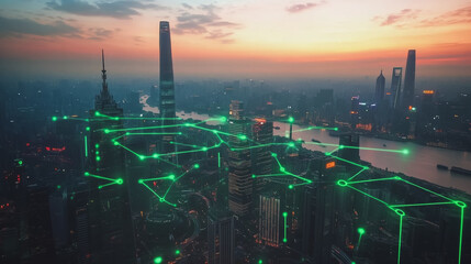 Fototapeta premium Smart Innovation city with connection cyber security network reciprocity over the sunset cityscape future wireless digital city and social media networking systems that connects people in the city