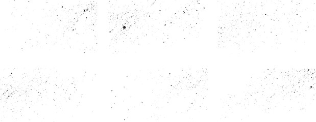 Set of different distressed black grain texture. Distress overlay vector textures. Vector collection urban grunge overlay. Paint texture with spray effect and drop ink splashes. 