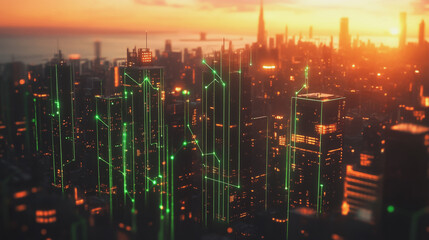 Fototapeta premium Smart Innovation city with connection cyber security network reciprocity over the sunset cityscape future wireless digital city and social media networking systems that connects people in the city