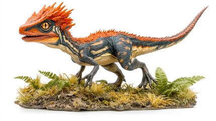 Obraz premium A detailed model of a dinosaur with vibrant colors, set among ferns and grass.