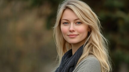 Naklejka premium Closeup portrait of young attractive woman outdoors with copy space. Beautiful blond girl model. Cheerful lady on neutral background spring, fall, autumn