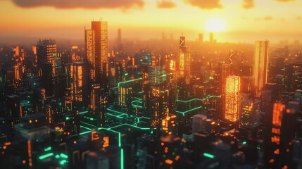 Obraz premium Smart Innovation city with connection cyber security network reciprocity over the sunset cityscape future wireless digital city and social media networking systems that connects people in the city