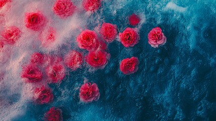 Pink roses floating, blue water, abstract art, background texture, design element