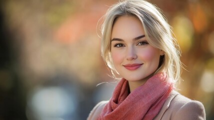 Naklejka premium Closeup portrait of young attractive woman outdoors with copy space. Beautiful blond girl model. Cheerful lady on neutral background spring, fall, autumn