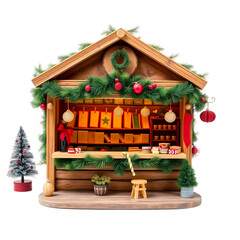 Charming Christmas Market Kiosk with Festive Decor on transparent background