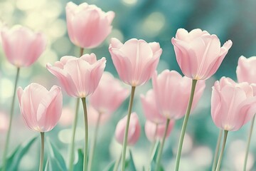 Pink tulips bloom in spring garden