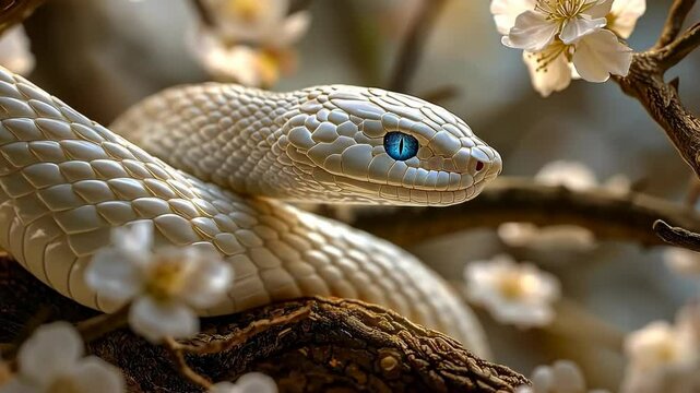 A white snake with blue eyes is sitting on a branch with flowers. The snake is the main focus of the image, and the flowers are in the background. The image has a peaceful and serene mood
