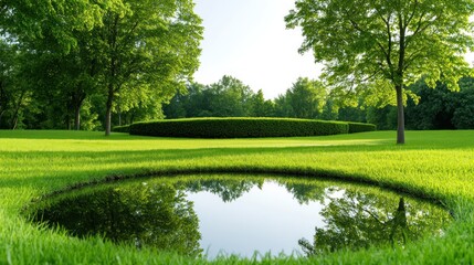 Serene landscape featuring lush greenery and a reflective pond.