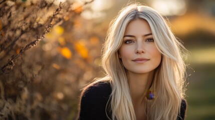 Naklejka premium Closeup portrait of young attractive woman outdoors with copy space. Beautiful blond girl model. Cheerful lady on neutral background spring, fall, autumn